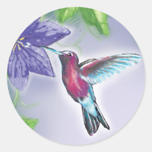 elegante kleurrijke kolibrie en paarse bloemen ronde sticker