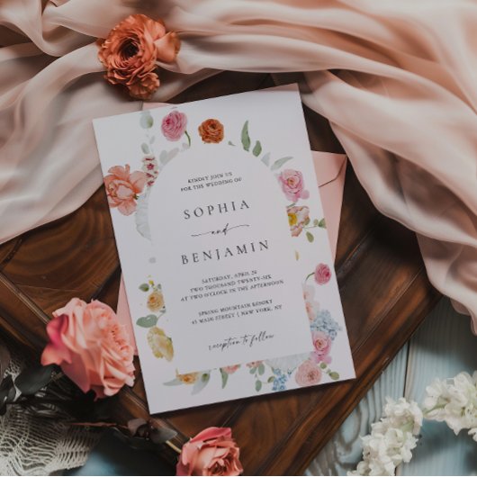 Elegante Kleurrijke Lente Bloemen Trouwboog Kaart