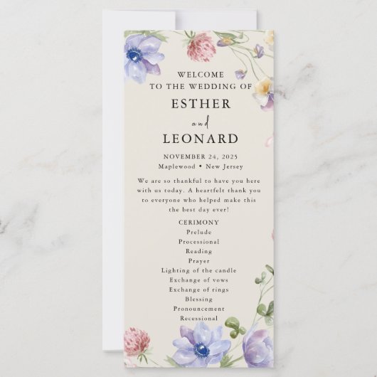 Elegante kleurrijke lente Wildflower Wedding Progr (Voorkant)