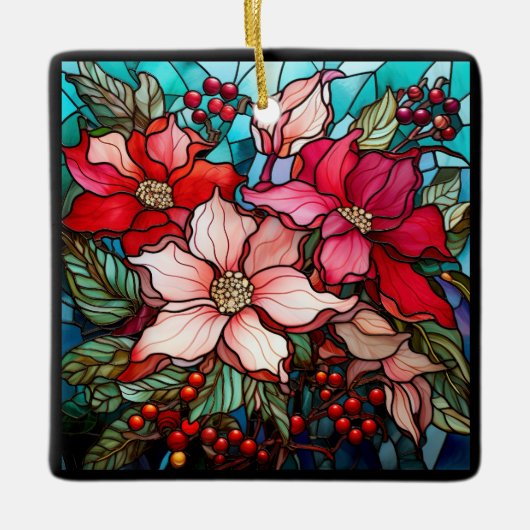 Elegante Kleurrijke Rode Kerstmis Poinsettias Keramisch Ornament (Voorkant)