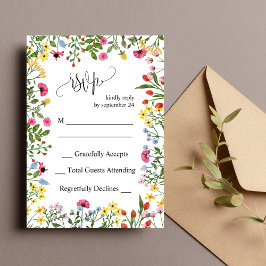 Elegante Kleurrijke RSVP Trouwkaart met Wilde Bloe Kaart