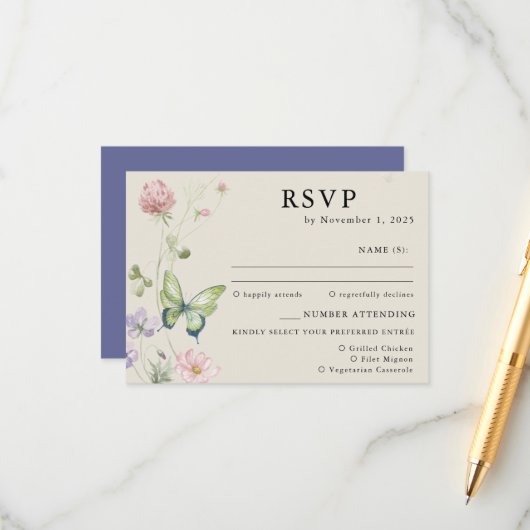 Elegante Kleurrijke Spring Wildflower Wedding RSVP Informatiekaartje (Voorkant / Achterkant in situ)