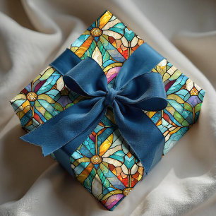 Elegante kleurrijke turquoise paarse glas-in-lood  cadeaupapier