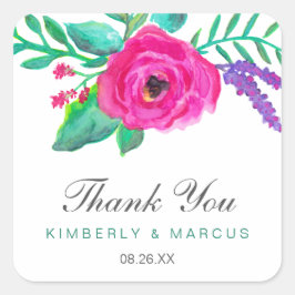 Elegante Kleurrijke Waterverf Bloemen Dank u Vierkante Sticker