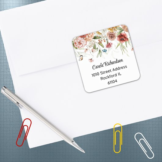Elegante kleurrijke Waterverf Bloemen Drop Adres Vierkante Sticker