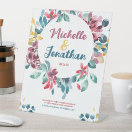 Elegante kleurrijke waterverf bloemenbruiloft reclamebord met voetstuk