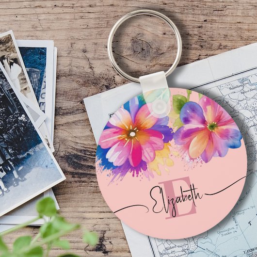 Elegante kleurrijke waterverf floraal roze monogra sleutelhanger