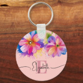 Elegante kleurrijke waterverf floraal roze monogra sleutelhanger (Voorkant)