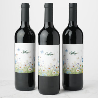 Elegante Kleurrijke Wilde bloem Bloem blauwe vlin Wijn Etiket