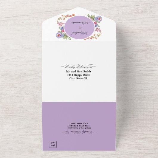 Elegante kleurrijke wilde bloem Paarse bruiloft All In One Uitnodiging (Buitenkant)
