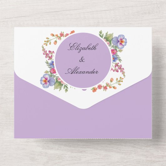 Elegante kleurrijke wilde bloem Paarse bruiloft All In One Uitnodiging (Achterkant)