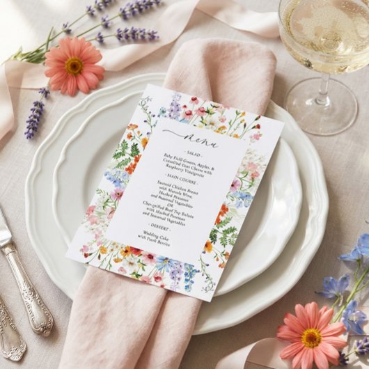 Elegante Kleurrijke Wilde Bloemen Bruiloft Menu