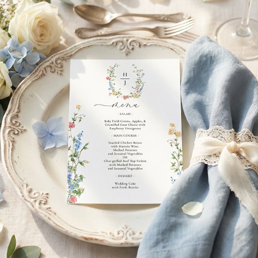 Elegante Kleurrijke Wilde Bloemen Bruiloft Menu