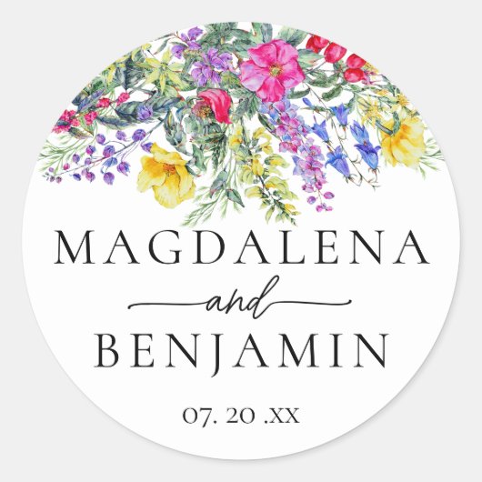 Elegante kleurrijke wilde bloemen kruiden bruiloft ronde sticker (Voorkant)