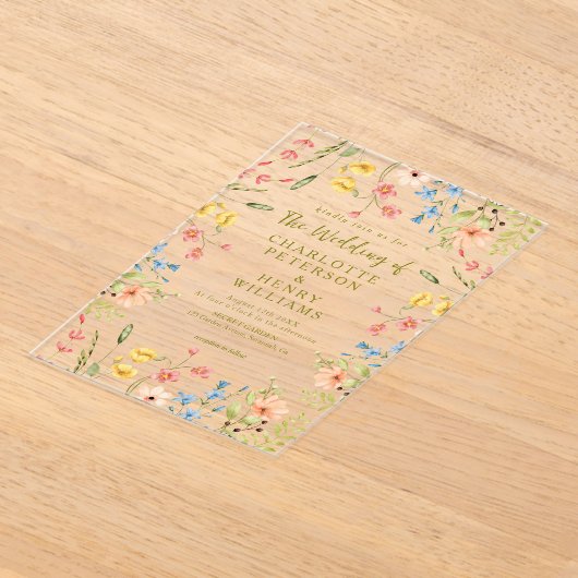 Elegante kleurrijke wilde bloemen moderne bruiloft acryl uitnodigingen (Laagn)