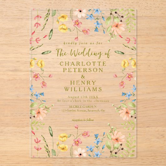 Elegante kleurrijke wilde bloemen moderne bruiloft acryl uitnodigingen (Voorkant)
