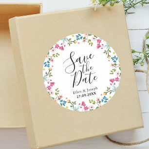Elegante Kleurrijke Wilde Bloemen Trouwkaart 'Save Ronde Sticker