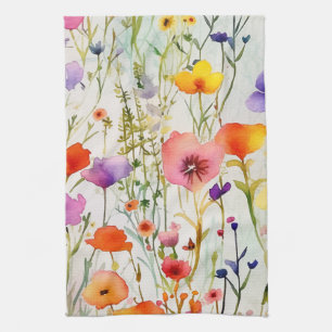 Elegante kleurrijke wilde bloemen waterverf theedoek