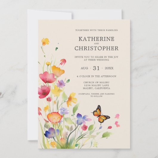 Elegante Kleurrijke Wildflower Beige Bruiloft Kaart (Voorkant)