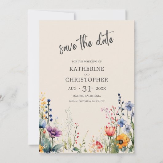 Elegante Kleurrijke Wildflower Beige Bruiloft Save The Date (Voorkant)