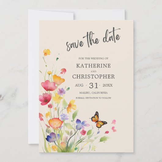 Elegante Kleurrijke Wildflower Beige Bruiloft Save The Date (Voorkant)