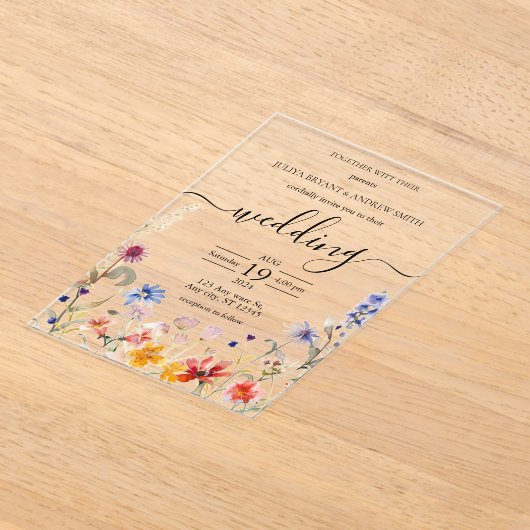 Elegante kleurrijke wildflower bruiloft acryl uitnodigingen (Laagn)