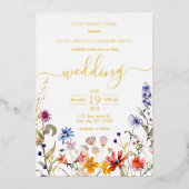 Elegante kleurrijke wildflower bruiloft folie uitnodiging (Voorkant)