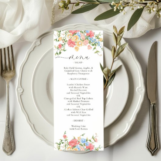 Elegante Kleurrijke Wildflower Bruiloft Menu