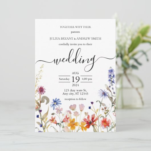 Elegante kleurrijke wildflower bruiloft uitnodigin kaart (Staand voorkant)