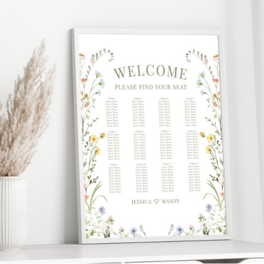 Elegante Kleurrijke Wildflower Bruiloft Zitgrafiek Poster