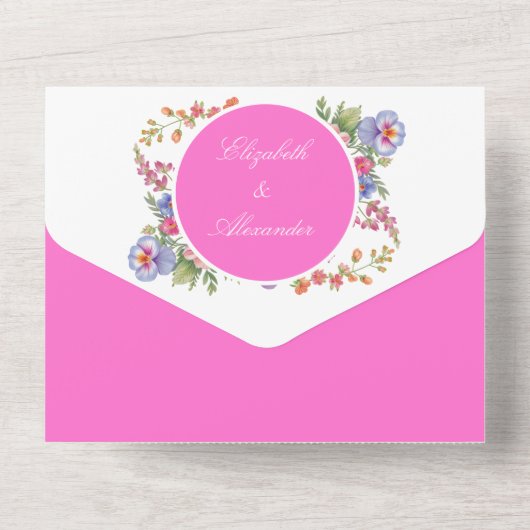 Elegante Kleurrijke Wildflower Magenta bruiloft All In One Uitnodiging (Achterkant)