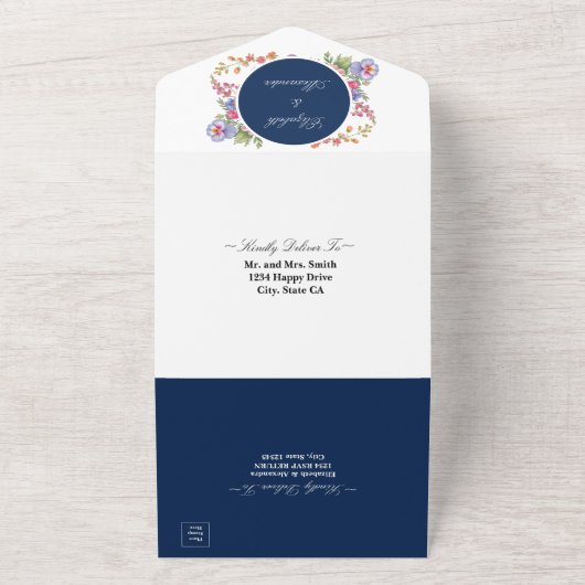 Elegante Kleurrijke Wildflower Midnight Blue Weddi All In One Uitnodiging (Buitenkant)