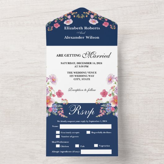 Elegante Kleurrijke Wildflower Midnight Blue Weddi All In One Uitnodiging (Binnen)
