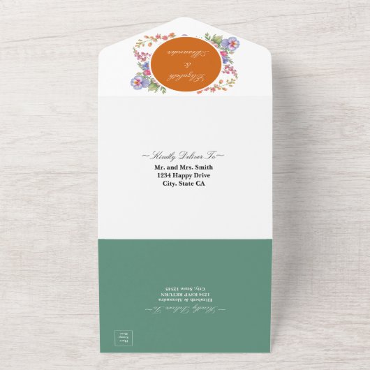 Elegante Kleurrijke Wildflower Sinaasappel Green W All In One Uitnodiging (Buitenkant)