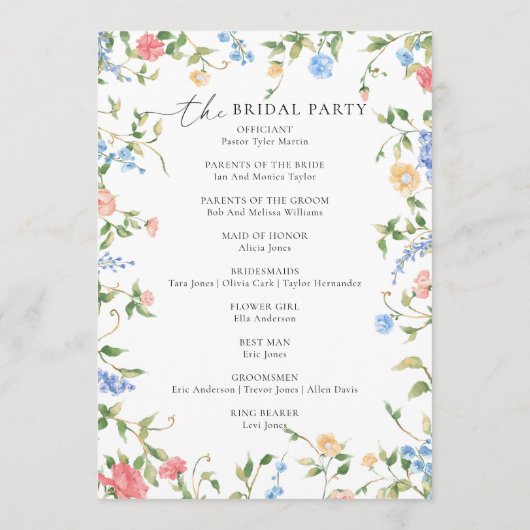 Elegante kleurrijke Wildflower Wedding Program Programmakaart (Achterkant)