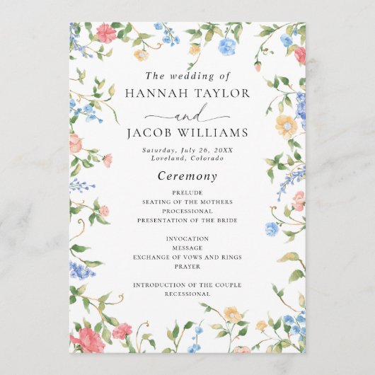 Elegante kleurrijke Wildflower Wedding Program Programmakaart (Voorkant)