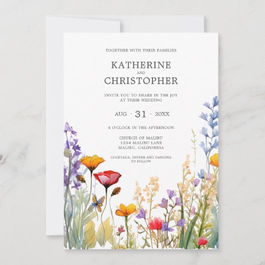 Elegante Kleurrijke Wildflowers Bruiloft Kaart (Voorkant)