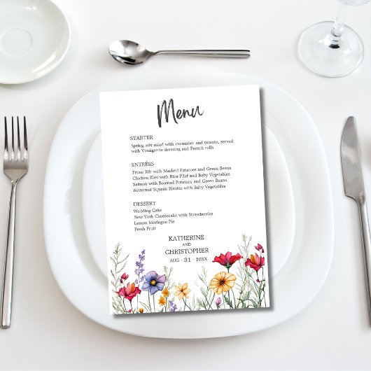 Elegante Kleurrijke Wildflowers Bruiloft Menu