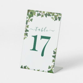 Elegante klimopgroen botanische huwelijks tafelnum reclamebord met voetstuk
