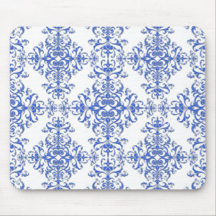 Elegante kobaltblauwe en witte bloemrijke damastst muismat
