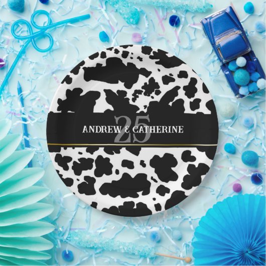 Elegante Koe Vlekken Print Boer Bruiloft Jubileum Papieren Bordje (Feest)