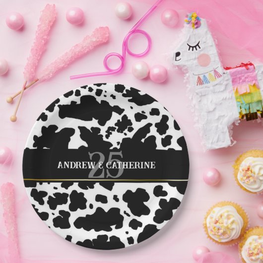 Elegante Koe Vlekken Print Boer Bruiloft Jubileum Papieren Bordje (Feest)