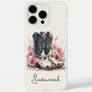 Elegante koeienhuid laarzen met gebloemde monogram iPhone 16 pro max hoesje