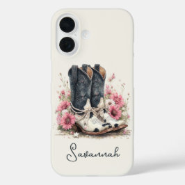 Elegante koeienhuid laarzen met gebloemde monogram iPhone 16 hoesje