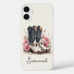 Elegante koeienhuid laarzen met gebloemde monogram iPhone 16 plus hoesje