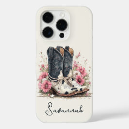 Elegante koeienhuid laarzen met gebloemde monogram iPhone 16 pro hoesje