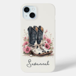 Elegante koeienhuid laarzen met gebloemde monogram iPhone 15 mini hoesje
