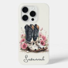 Elegante koeienhuid laarzen met gebloemde monogram iPhone 15 pro case