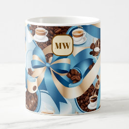 Elegante koffie blauw lint bogen monogram koffiemok