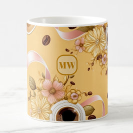 Elegante koffie gele bloemen & lint monogram koffiemok